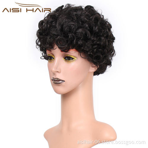 Aisi Hair Wholesale Afro Synthetic Wigs For Black Women Black Short Curly Cut Wig With Bangs Heat Resistant Fiber
